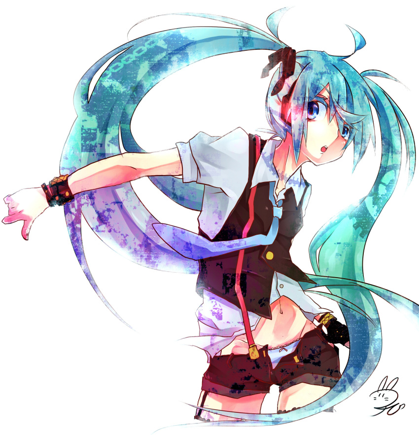 absurdres, ahoge, aqua_hair, bad_id, blue_eyes, bracelet, fingerless_gloves, garter_straps