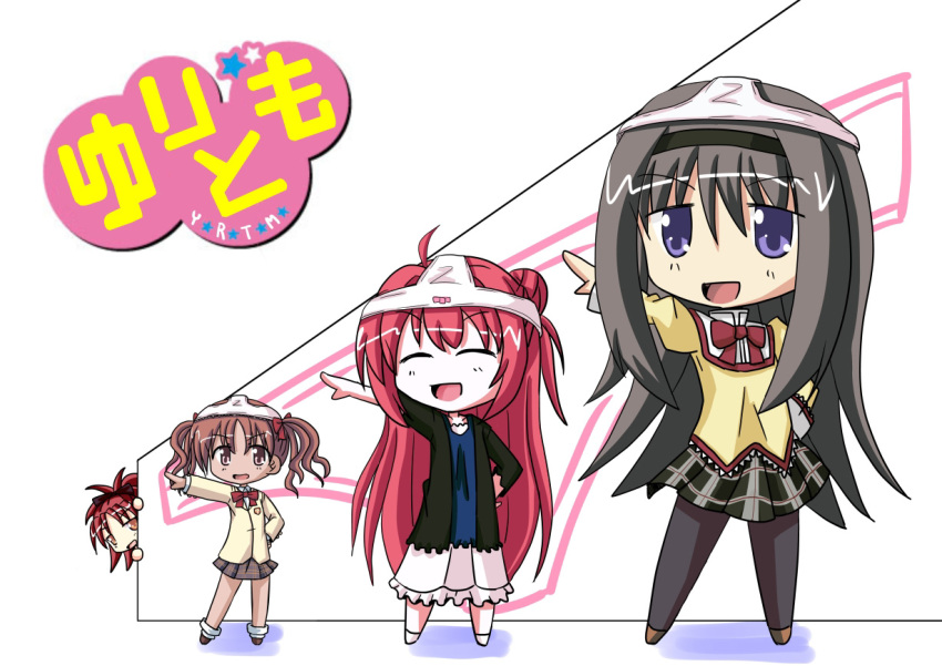 4girls, ^_^, akaza_akane, akemi_homura, artist_request, black_hair, black_legwear, brown_eyes, brown_hair, chibi, closed_eyes, crossover, hand_on_hip, long_hair, mahou_shoujo_madoka_magica, multiple_girls, naruse_mahi, object_on_head, open_mouth, panties, panties_on_head, pantyhose, peeking_out, pointing, ponytail, pose, purple_eyes, red_eyes, red_hair, sakura_kyouko, shirai_kuroko, short_twintails, skirt, smile, to_aru_kagaku_no_railgun, to_aru_majutsu_no_index, twintails, underwear, yuru_yuri
