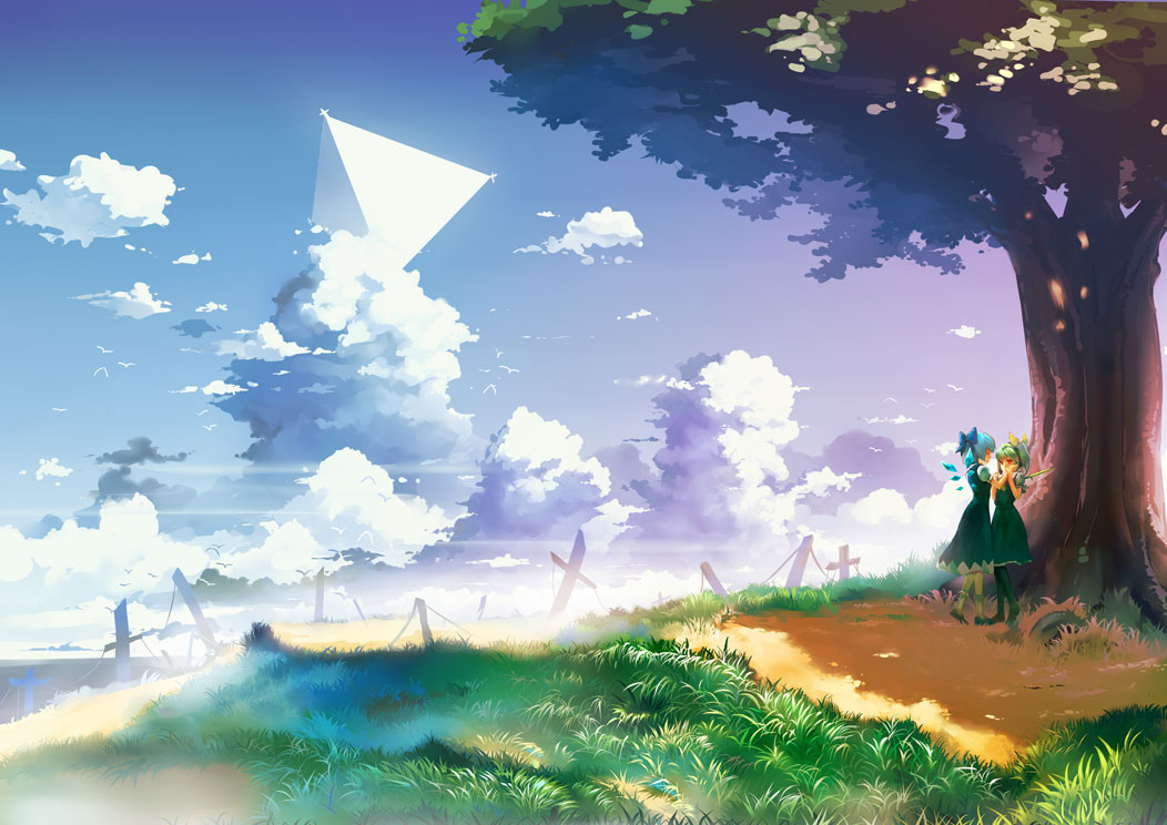 bad_id, bird, black_legwear, blue_dress, blue_hair, bow, cirno, cloud
