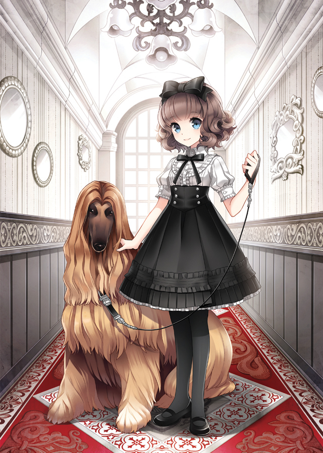 afghan_hound, aqua_eyes, bow, brown_hair, curly_hair, dog, dress, hair_bow, leash, lolita_fashion, looking_at_viewer, mary_janes, mirror, nardack, original, pantyhose, ribbon, shoes, short_hair, smile, solo