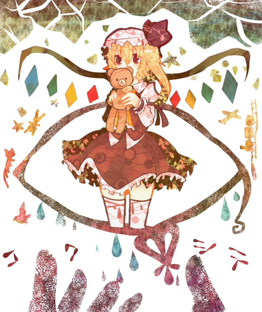 aeroplane, airplane, ascot, bad_id, blonde_hair, bunny, drop, flandre_scarlet, hat, highres, ladder, laevatein, rabbit, red_eyes, ribbon, ringetsumon, short_hair, shy, side_ponytail, skirt, skirt_set, solo, star, stuffed_animal, stuffed_toy, teddy_bear, the_embodiment_of_scarlet_devil, touhou, toy, train, wings