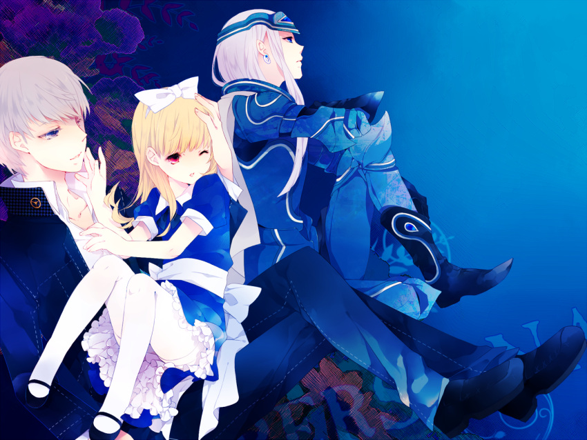 armor, artist_request, bangs, blonde_hair, blue_background, blue_eyes, blunt_bangs, boots