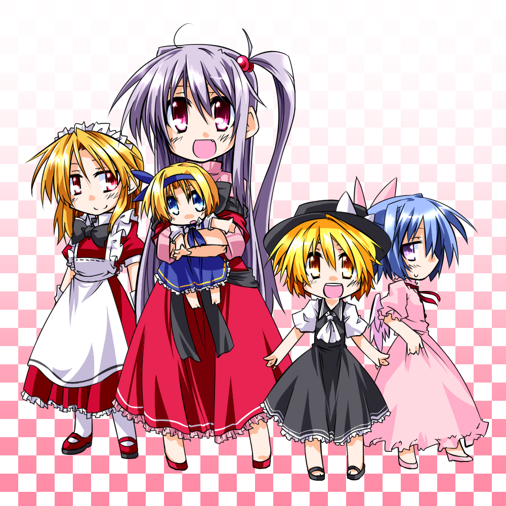 alice_margatroid, alice_margatroid_(pc-98), blonde_hair, blue_eyes, blush, child, dress, goddess, hair_bobbles, hair_ornament, hair_ribbon, hat, hemogurobin_a1c, long_hair, mai, mai_(touhou), maid, maid_headdress, multiple_girls, mystic_square, one_side_up, open_mouth, red_eyes, ribbon, shinki, short_hair, side_ponytail, silver_hair, skirt, smile, touhou, touhou_(pc-98), wings, witch, yellow_eyes, young, yuki_(touhou), yumeko