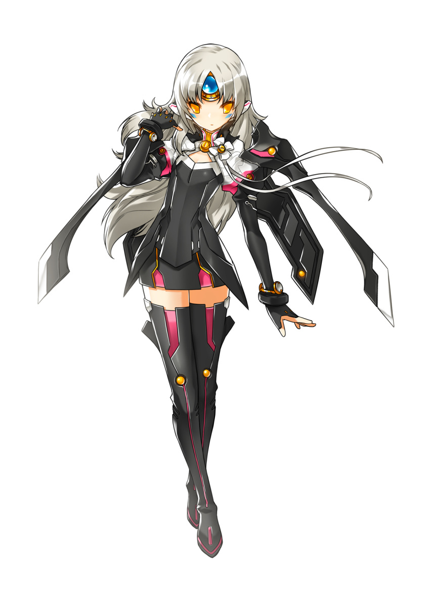 black_legwear, boots, crossed_legs_(standing), elsword, eve_(elsword), expressionless, facial_mark, forehead_mark