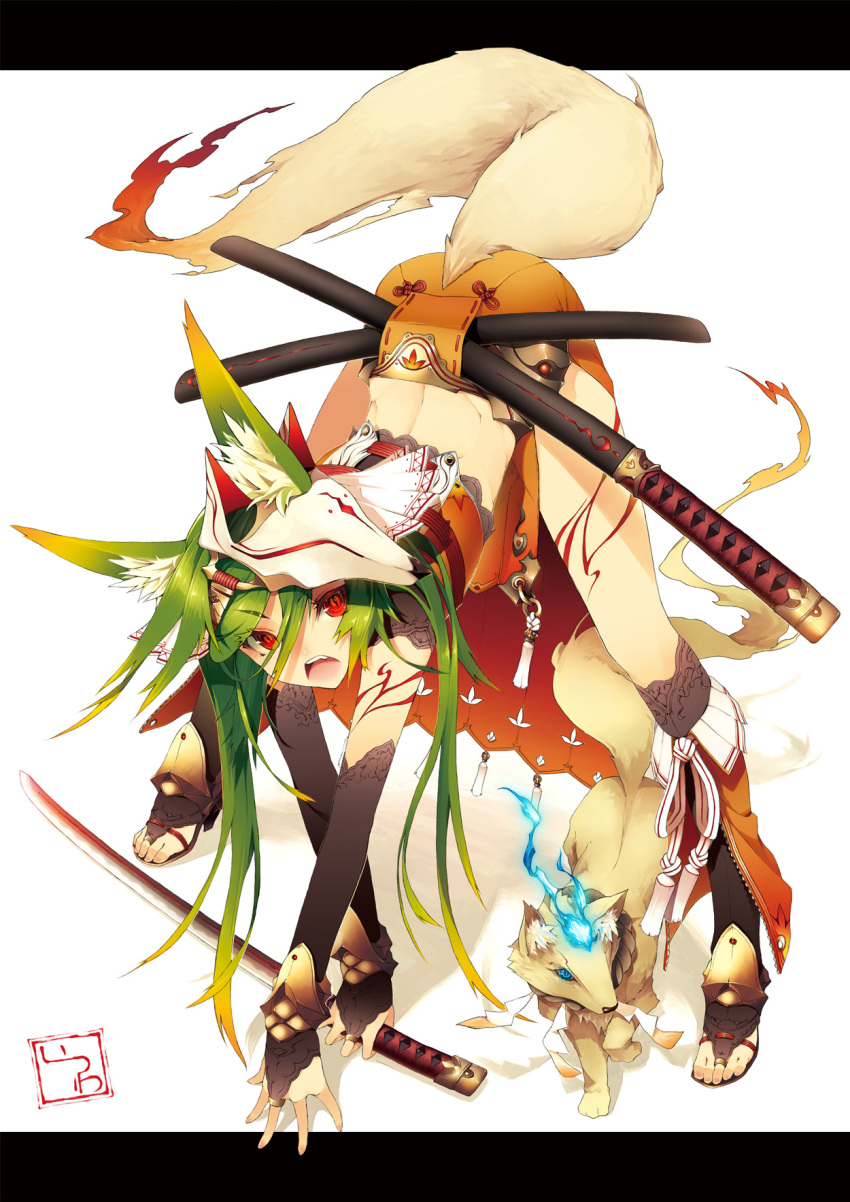 all_fours, animal_ears, ass, bad_id, black_legwear, bridal_gauntlets, feet, fox