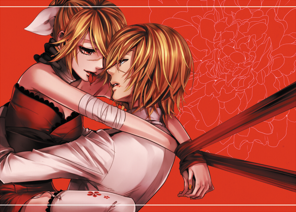 bandages, bdsm, blonde_hair, blood, blood_in_mouth, blood_on_face, bondage, bound_arms