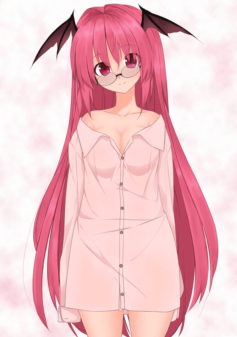 alternate_costume, bare_shoulders, bat_wings, bespectacled, bottomless, breasts, buttons, cleavage