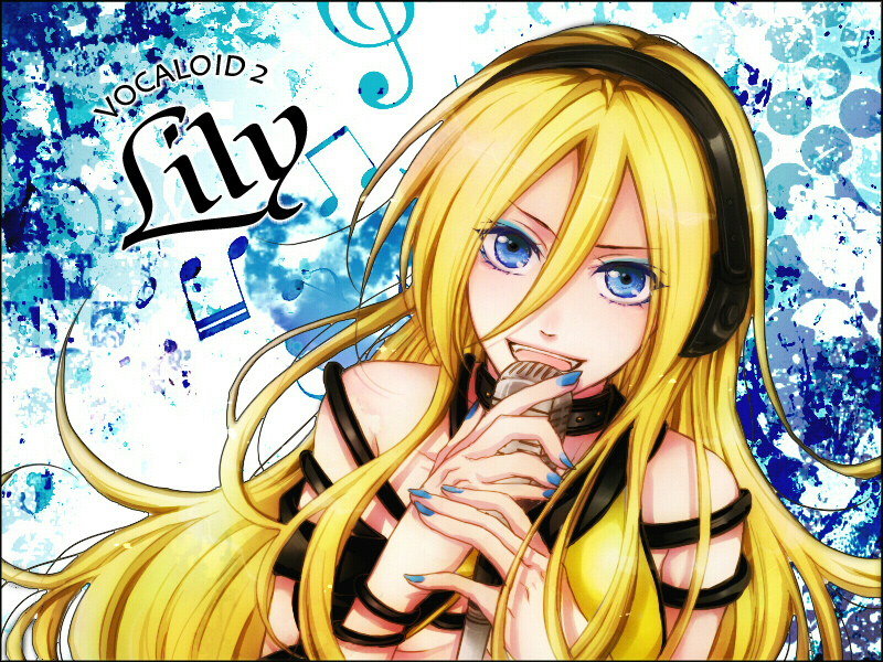 blonde_hair, blue_eyes, headphones, lily_(vocaloid), long_hair, microphone, miyoshi_(m178), musical_note
