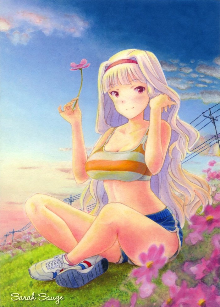 bad_id, blush, breasts, cleavage, crop_top, flower, hair_tucking, hairband
