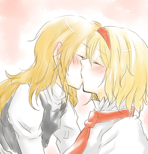 alice_margatroid, blonde_hair, blush, closed_eyes, fuji_tsugu, hairband, kirisame_marisa, kiss