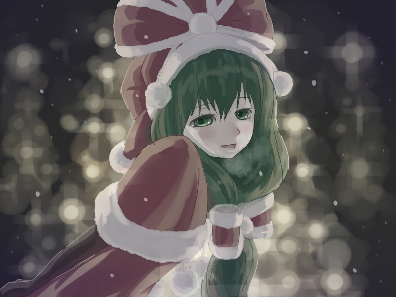 bow, capelet, christmas, dress, elbow_gloves, front_ponytail, gloves, green_eyes, green_hair, hair_bow, hair_ribbon, hat, kagiyama_hina, looyen, ribbon, santa_hat, snow, solo, touhou