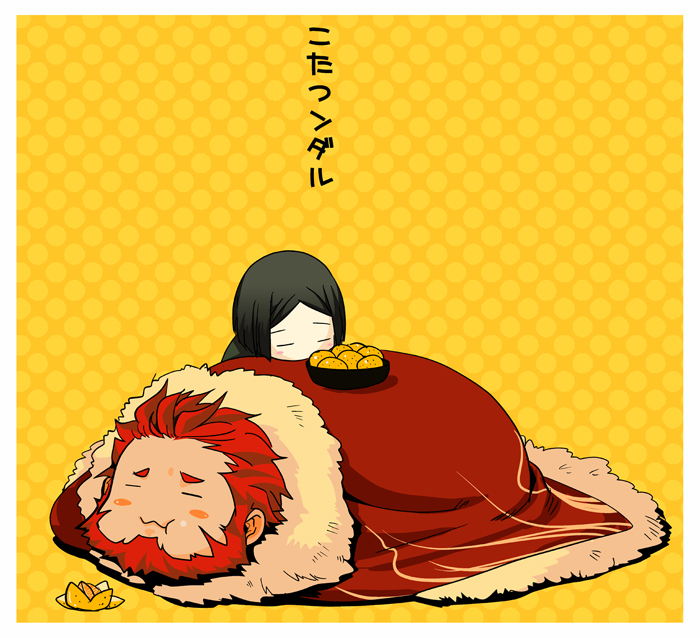 :t, beard, black_hair, blush_stickers, cape, chibi, eating, facial_hair, fate/stay_night, fate/zero, fate_(series), food, fruit, kikuyarou, kotatsu, male, multiple_boys, orange, red_hair, redhead, rider_(fate/zero), sleeping, table, waver_velvet