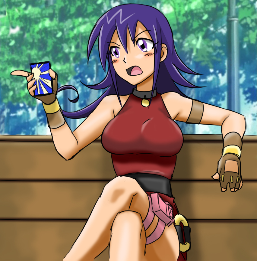 1girl, bare_shoulders, bench, blue_hair, breasts, choker, crossed_legs, drawfag