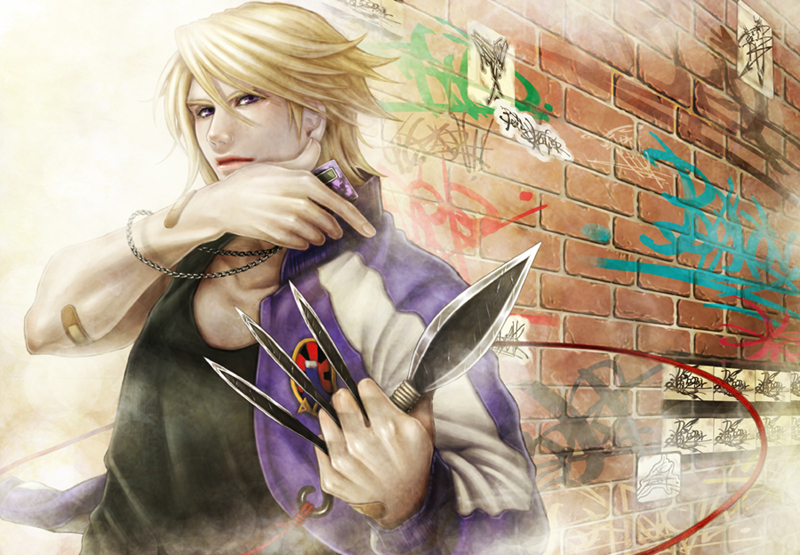 1boy, bandage, bandages, graffiti, ivan_karelin, jacket, kunai, letterman_jacket, male, purple_eyes, purple_jacket, realistic, rollingcalling, short_hair, solo, tiger_&amp;_bunny, violet_eyes, weapon