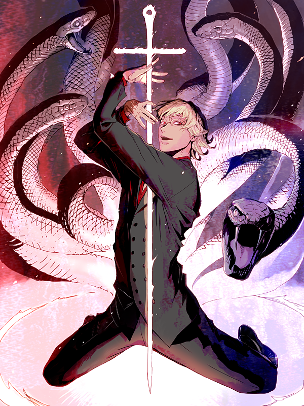 blonde_hair, cross, fire, formal, glasses, male, nazu0925, ouroboros