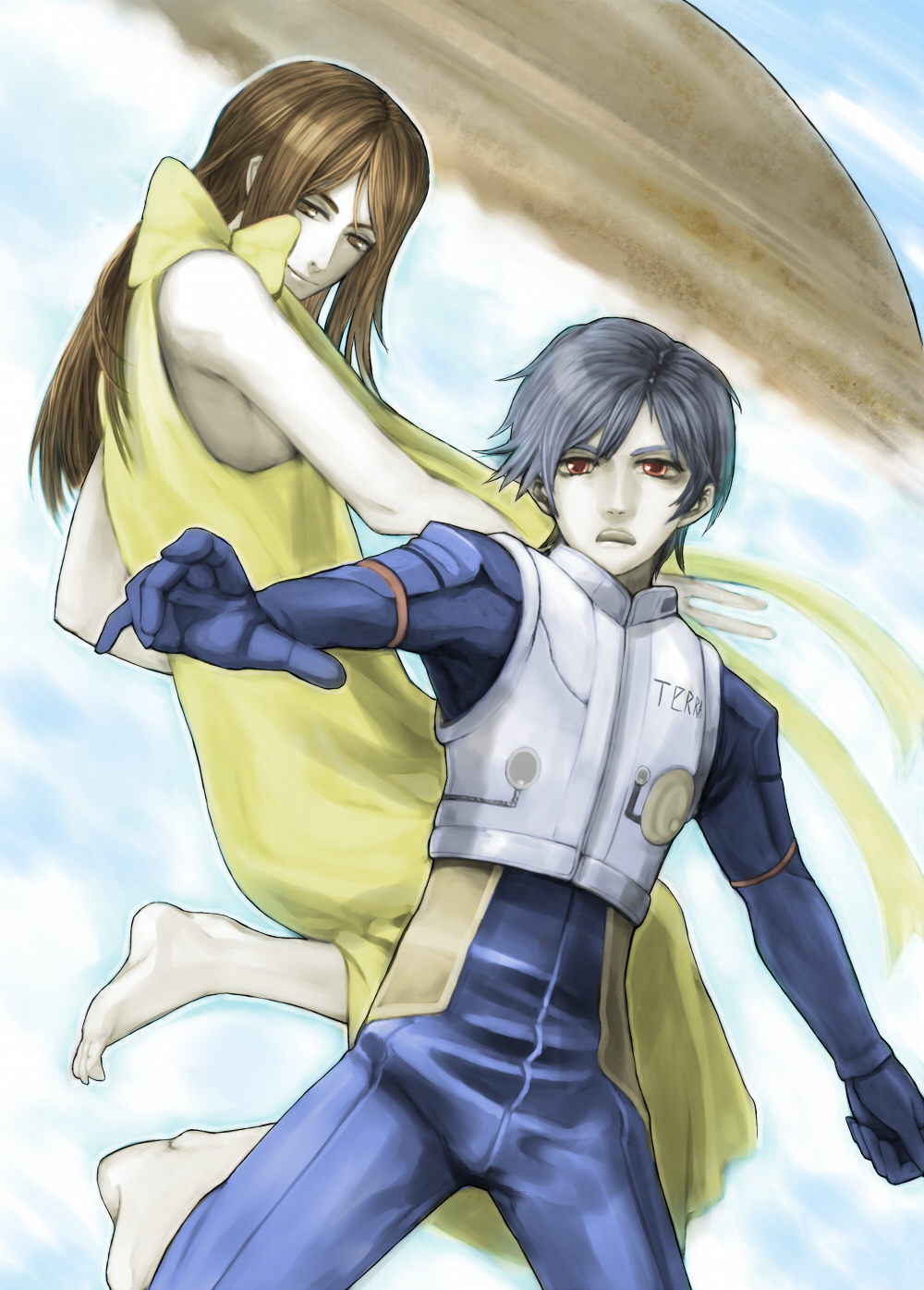 1boy, 1girl, barefoot, bow, brown_eyes, brown_hair, dress, grey_hair