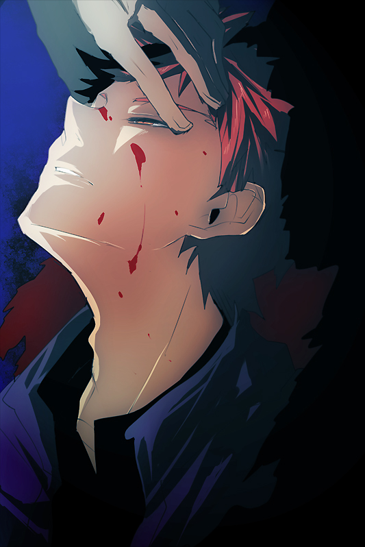 blood, blood_on_face, emiya_shirou, fate/stay_night, fate_(series), hand_on_another's_face, hand_on_another's_face, kotomine_shirou