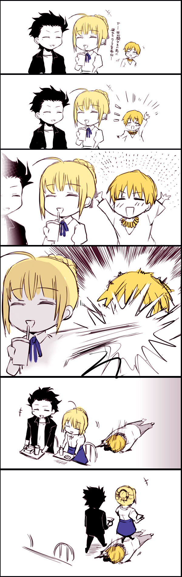 2boys, ^_^, ahoge, backhand, black_hair, blonde_hair, chibi, closed_eyes, comic, drink, eating, eyes_closed, fate/stay_night, fate/zero, fate_(series), futaba_hazuki, gilgamesh, highres, lancer_(fate/zero), mole, multiple_boys, punching, saber, translation_request