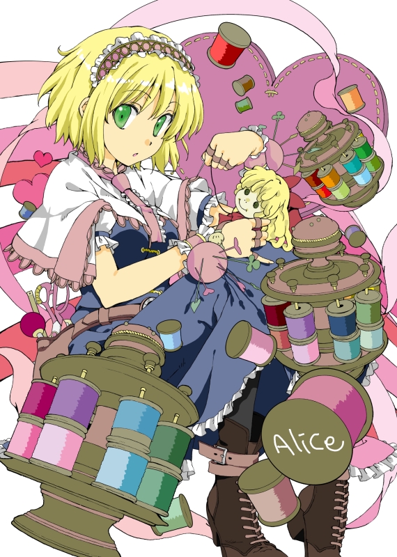 aka_ringo, alice_margatroid, alternate_hair_color, bad_id, blonde_hair, boots, capelet, character_name