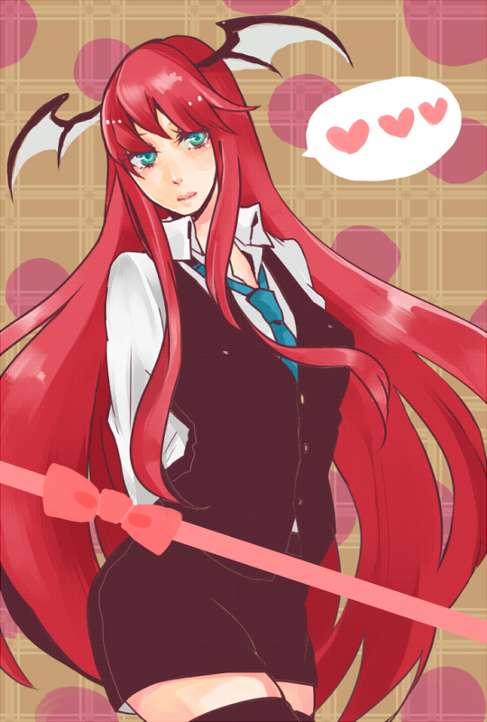 alternate_eye_color, aqua_eyes, arms_behind_back, bad_id, belted, belted_dress, black_legwear, clasped_dress, constrained_dress, cramped_dress, formal, girded_dress, head_wings, heart, jammed_dress, koakuma, lips, long_hair, necktie, nedktie, pinched_dress, pressed_dress, red_hair, redhead, ribboned_dress, skirt_suit, slinky_dress, snug_dress, solo, spoken_heart, ss0813, suit, the_embodiment_of_scarlet_devil, thigh-highs, thighhighs, tight_dress, touhou, very_long_hair, vest, zettai_ryouiki