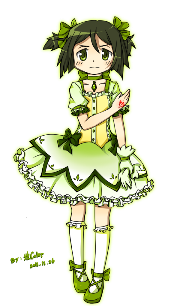 2011, bangs, bow, bubble_skirt, choker, command_spell, cosplay, creator_connection, dated, fate/stay_night, fate/zero, fate_(series), footwear, frills, gloves, green, green_eyes, green_hair, hair_bow, kaname_madoka_(cosplay), magical_girl, mahou_shoujo_madoka_magica, male, nongqiling, parody, parted_bangs, short_hair, signature, simple_background, socks, solo, style_parody, trap, urobuchi_gen, watermark, waver_velvet, white_background, white_gloves