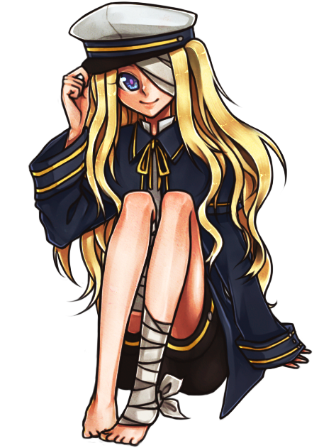 androgynous, bandage_over_one_eye, barefoot, blonde_hair, blue_eyes, cosplay, crossdressinging, female