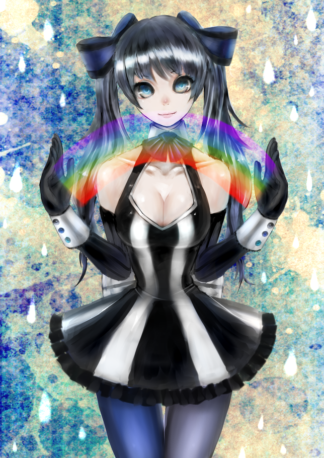 akubi_(fyfy), black_hair, blue_eyes, breasts, cleavage, dress, elbow_gloves, gloves, hatsune_miku, long_hair, mismatched_legwear, panthose, pantyhose, rainbow, skirt, smile, solo, striped, twintails, vocaloid