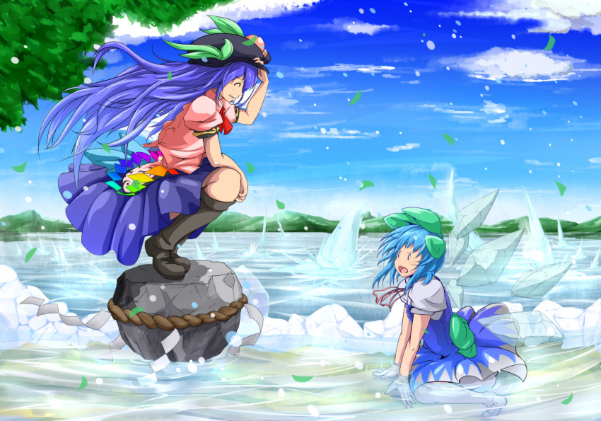 barefoot, blouse, blue_dress, blue_hair, boots, bow, cirno, closed_eyes