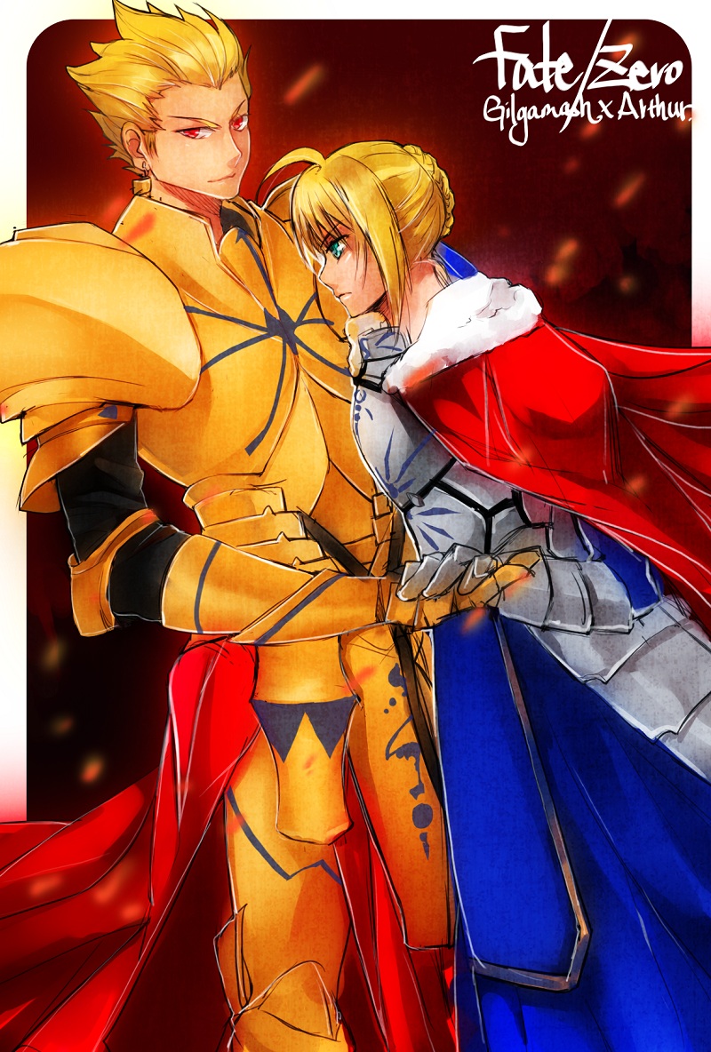 1girl, ahoge, armor, armored_dress, blonde_hair, cape, character_name, dress