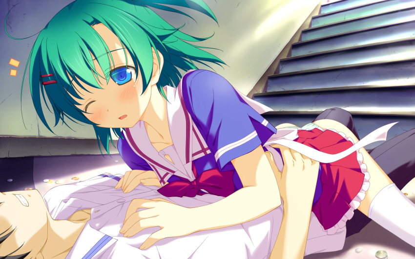 blue_eyes, game_cg, green_hair, gt, irotoridori_no_sekai, seifuku, thigh-highs, thighhighs