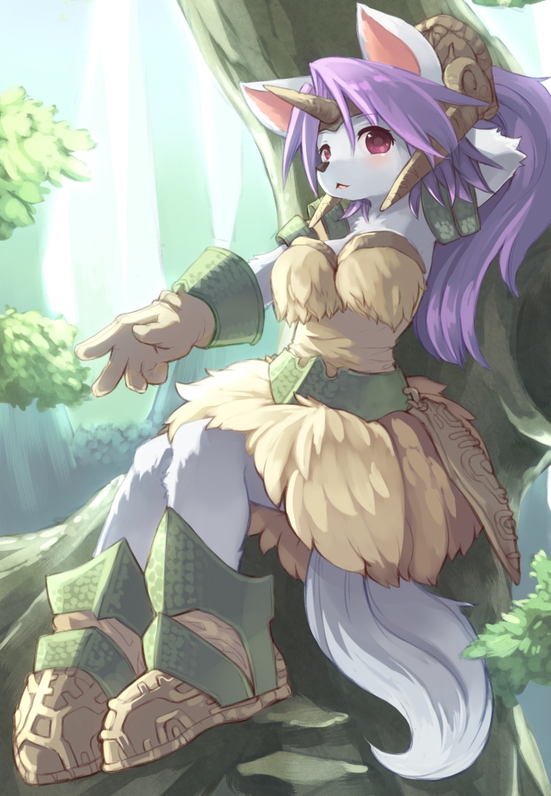 blue_hair, boots, fur, furry, gloves, hair_ornament, horns, kishibe, legend_of_mana, purple_eyes, seiken_densetsu, sierra, solo, tail, violet_eyes
