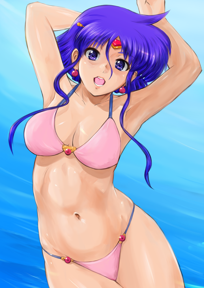 armpits, bikini, face, funky-harem, purple_eyes, purple_hair, short_hair, shu-z, solo, super_robot_wars, super_robot_wars_the_lord_of_elemental, swimsuit, tiara, violet_eyes, xenia_grania_bilseia