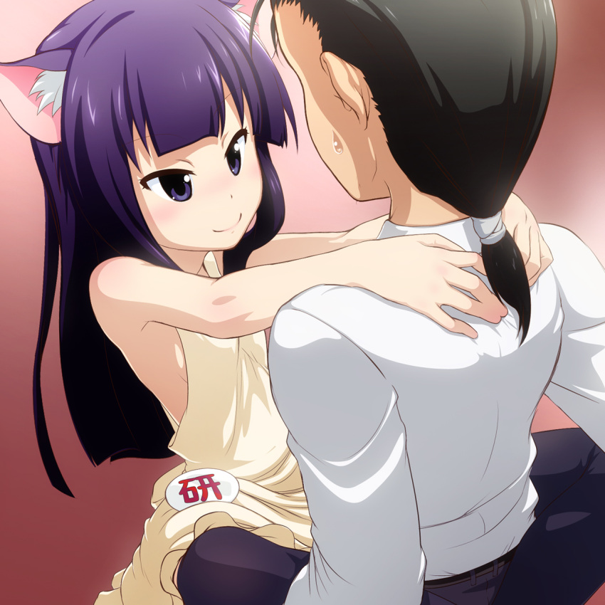 animal_ears, apron, black_hair, black_legwear, cat_ears, hands_on_shoulders, highres, kemonomimi_mode