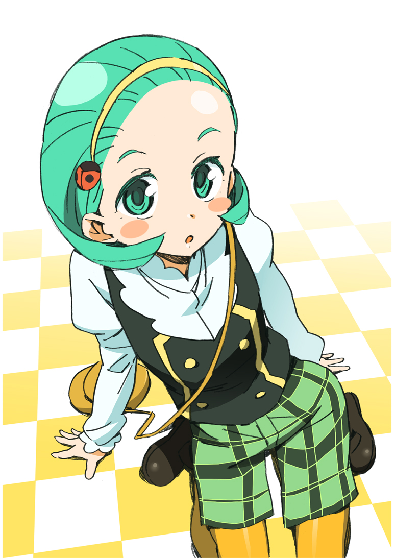 :o, bag, battle_spirits, battle_spirits:_shounen_gekiha_dan, battle_spirits_shonen_gekiha_dan, blush_stickers, checkered, green_eyes, green_hair, hairband, hyoudou_kenzou, katou_haruaki, kneeling, male, no_bangs, open_mouth, orange_legwear, pantyhose, plaid, purse, short_hair, solo, trap