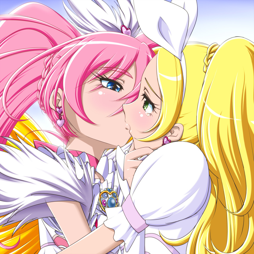 blonde_hair, blue_eyes, braid, brooch, crescendo_cure_melody, cure_melody, cure_rhythm, green_eyes