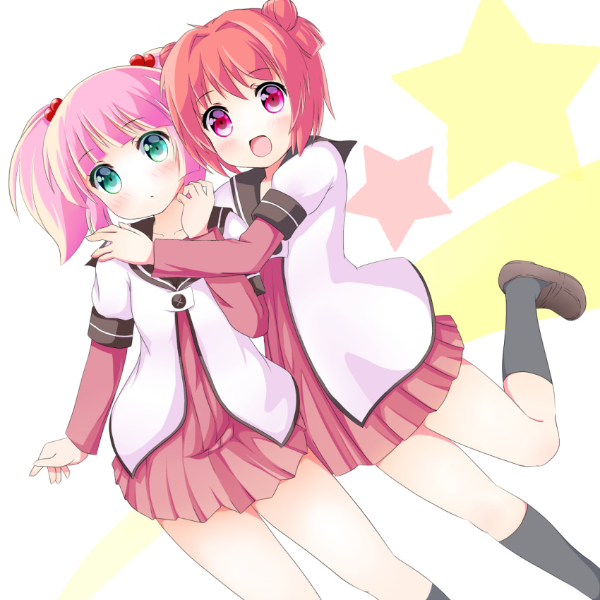 akaza_akari, aqua_eyes, black_legwear, blush, double_bun, green_eyes, hair_bobbles, hair_bun