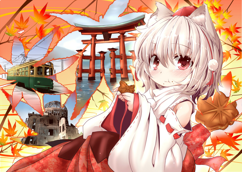:t, autumn_leaves, blush, detached_sleeves, eating, food, hat, hiroshima_peace_memorial, inubashiri_momiji, inyu, inyucchi, lake, landmark, miyajima's_itsukushima_shrine, mountain, red_eyes, ryoubu_torii, shirt, short_hair, silver_hair, skirt, solo, streetcar, torii, touhou, water
