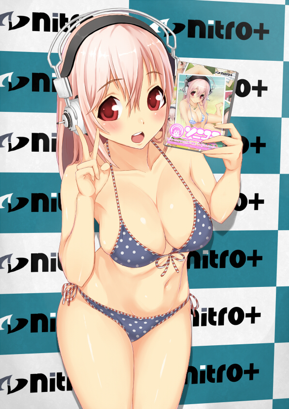 bikini, blush, breasts, front-tie_top, headphones, kabocha_head, large_breasts, nitroplus