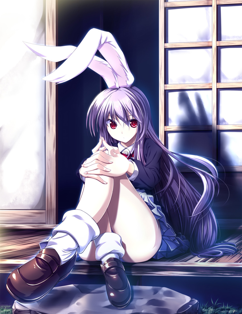 animal_ears, bare_legs, blush, bunny_ears, crossed_legs, footwear, highres, jacket, kuga_(rinkane), legs_crossed, loafers, long_hair, necktie, panties, purple_hair, red_eyes, reisen_udongein_inaba, shoes, sitting, skirt, smile, socks, solo, thighs, touhou, underwear, white_legwear