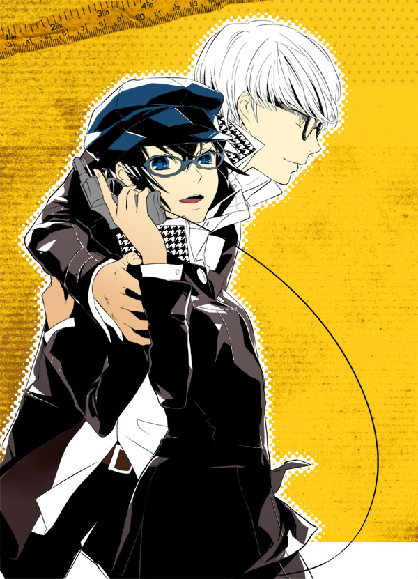 glasses, gun, handgun, mhr, narukami_yuu, persona, persona_4, reverse_trap