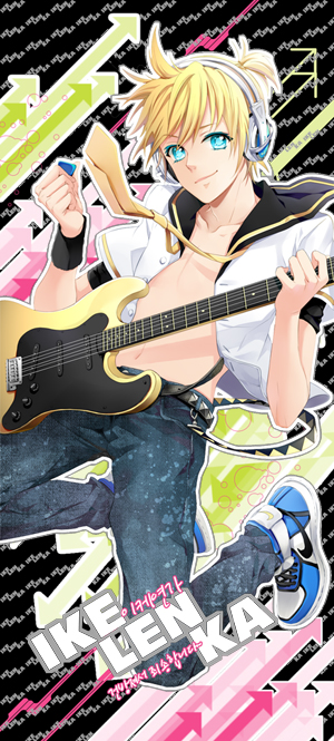 aqua_eyes, blonde_hair, cocoon_(loveririn), guitar, headphones, ike_lenka_(vocaloid), instrument, kagamine_len, male, open_clothes, smile, solo, vocaloid