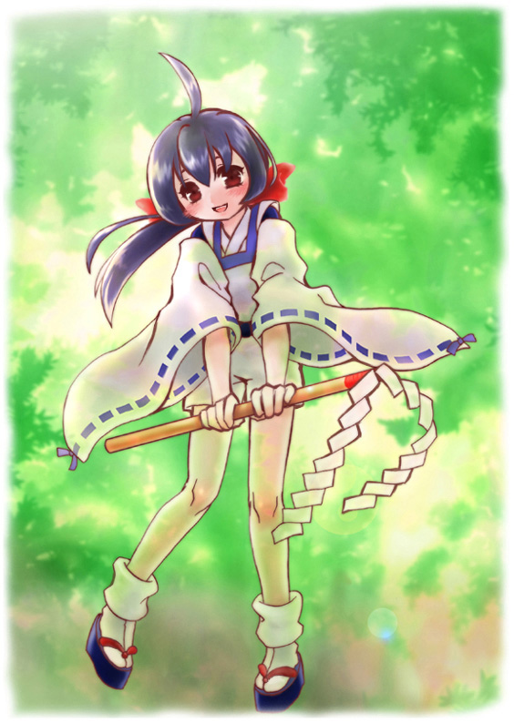 ahoge, aikawa_razu, blush, female, footwear, full_body, geta, gohei