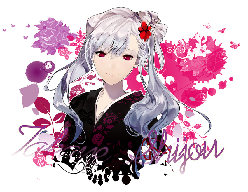 character_name, floral_print, flower, hair_flower, hair_ornament, idolmaster, japanese_clothes, kimono