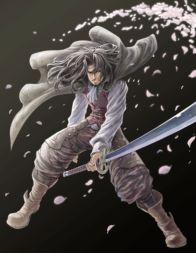 beard, beco, black_hair, boots, cape, dunban, facial_hair, flower, long_hair, male, pose, simple_background, solo, sword, weapon, xenoblade