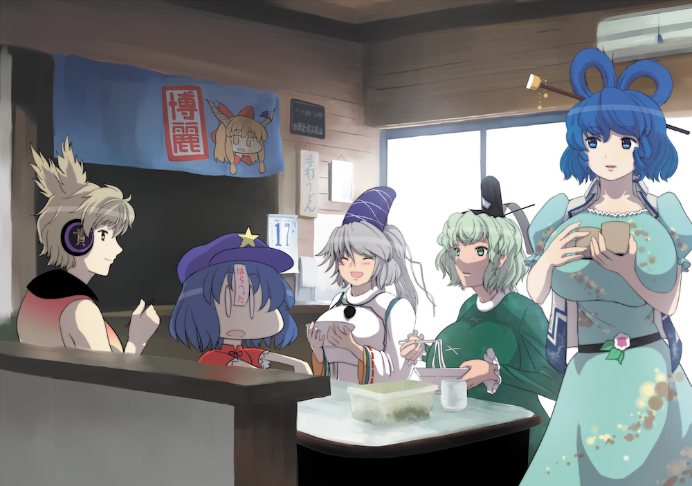 bad_proportions, beret, blue_eyes, blue_hair, breasts, brown_eyes, brown_hair, dress, earmuffs, food, green_dress, green_eyes, green_hair, grey_eyes, grey_hair, hair_rings, hair_stick, hat, headphones, huge_breasts, ibuki_suika, japanese_clothes, jiangshi, kaku_seiga, large_breasts, masami_t, miyako_yoshika, mononobe_no_futo, multiple_girls, noodles, o-life_japan, ofuda, outstretched_arms, ponytail, shawl, short_hair, smile, soga_no_tojiko, star, tate_eboshi, touhou, toyosatomimi_no_miko, translated, udon, zombie_pose, |_|