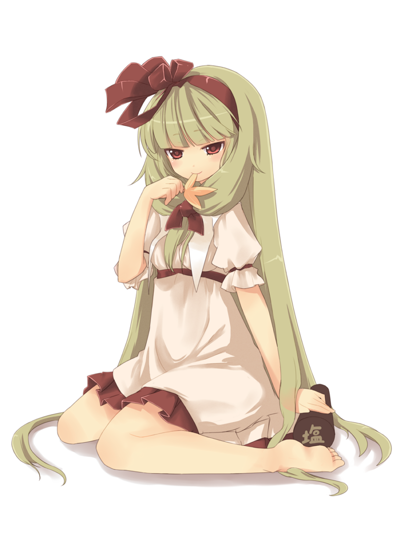 alternate_costume, alternate_hair_length, alternate_hairstyle, barefoot, bow, dress, feet, front_ponytail