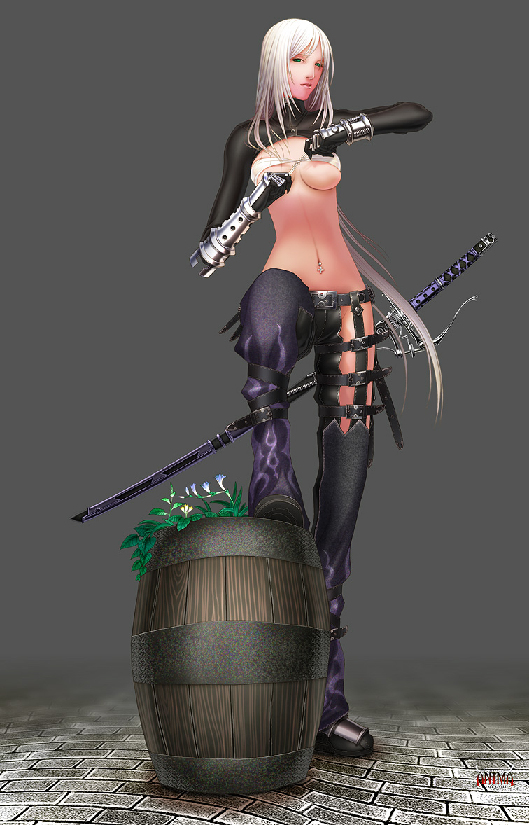 1girl, anima_beyond_fantasy, barrel, breasts, breasts_apart, celia_(anima), flower, gauntlets, green_eyes, sexy, sheath, sheathed, sword, tubetop, tying, underboob, weapon, wen-m, white_hair