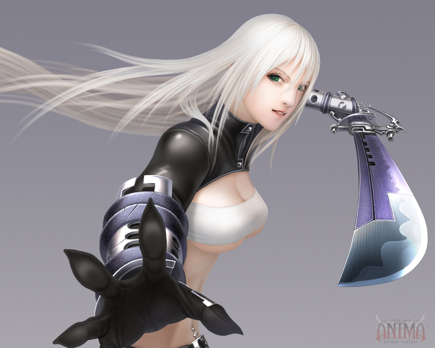 1girl, anima_beyond_fantasy, breasts, celia_(anima), cleavage, fighting_stance, foreshortening, gauntlets