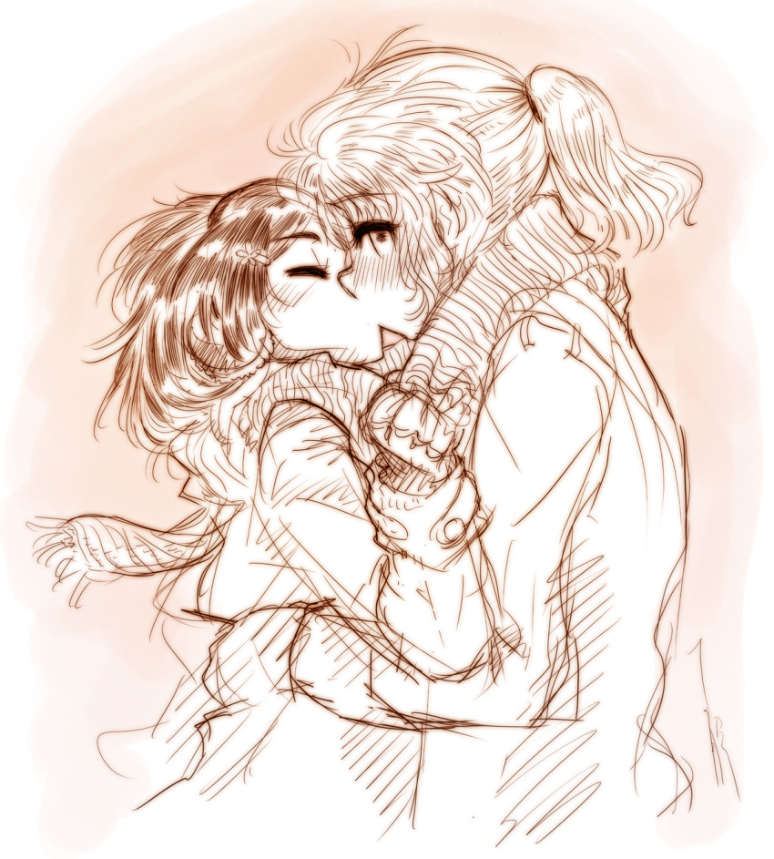 black_hair, blush, closed_eyes, eyes_closed, hair_ornament, hairclip, highres, hug