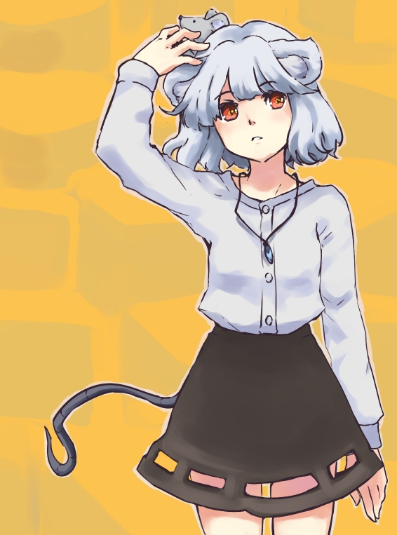 animal_ears, bad_id, brown_eyes, hand_on_head, mouse, mouse_ears, mouse_tail, nazrin